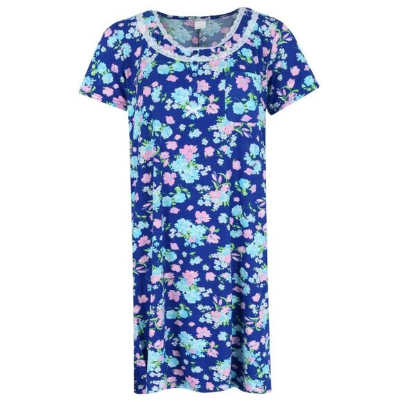 Elegant Emily Women's Floral Henley Short Sleeve Sleep Gown - Picture 1 of 3